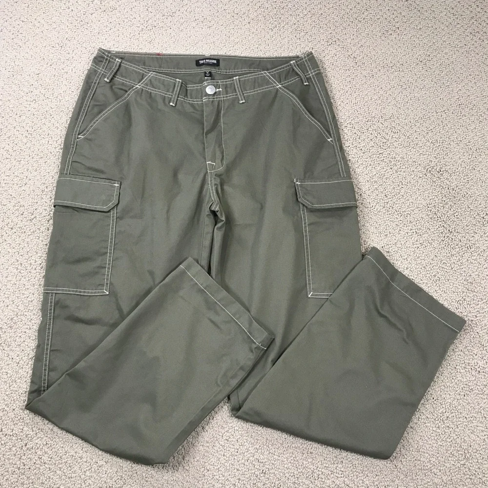 True Religion Mens Cargo Pants Olive Green Contrast Stitch Horseshoe Logo SZ 36
